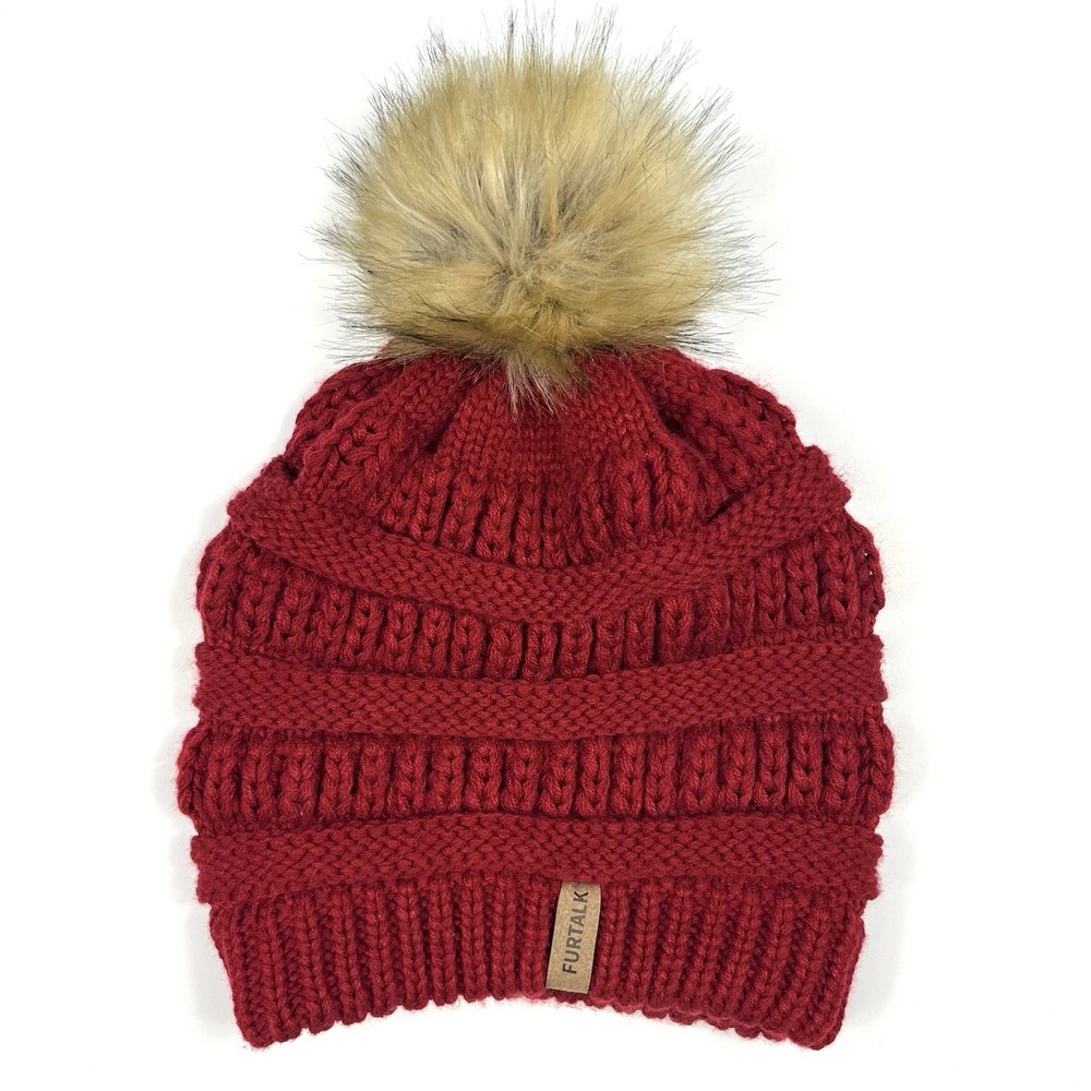 FURTALK Womens Winter Knitted Beanie Hat Faux Fur Pom Red Chunky Ski Snowbunny
